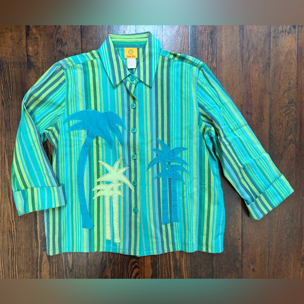 Ruby Rd. Green Blue Striped Ladies Palm Tree Summer Shirt Jacket Sz 8